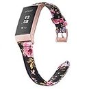 Wearlizer for Fitbit Charge 3 / Fitbit Charge 4 Strap Leather, Slim Leather Straps Replacement Wrist Band for Charge 3 with Pink Buckle (Slim Flower)