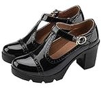 DADAWEN Women's Classic T-Strap Platform Mid-Heel Square Toe Oxfords Dress Shoes Black US Size 7.5