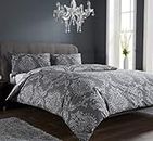 Olivia Rocco Royal Damask Duvet Cover Set Easy Care Quilt Covers With Pillowcases Cotton Rich Reversible Bedding Bed Linen Sets (Grey, Double)
