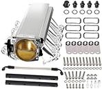 POSENG LS Intake Manifold with 102mm Throttle Body Fuel Rails Kit Replacement for Chevy 4.8 5.3 6.0 6.2 LS LS1 LS2 LS6 Sheet Metal Al Fabricated Silver
