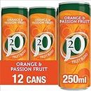 J2O Fruit Juice, Orange and Passionfruit, 250ml Cans (Pack of 12)