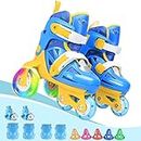 Kids Quad Roller Skate,Roller Skates for Girls Boys,with Adjustable Size&Double Brakes&Luminous Wheels&Protective Gear,3-Point Balance Roller Shoes for Beginners,for Indoor Outdoor (Bright Blue, XS)