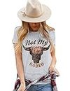 SECETKET Not My First Rodeo Steer Skull T-Shirt Tee Women Casual Country Short Sleeve Tops(GY,M) Grey