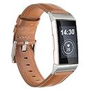 Leather Band Compatible for Fitbit Charge 4/ Charge 3/ Charge 3 SE Fitness Tracker, Genuine Leather Wide Band Replacement Strap Floral Print Wristband Accessories for Men Women- Brown