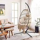 Devoko Egg Chair Indoor Outdoor Hanging Swing Chair with Stand Patio Hammock Wicker Rattan Chair Soft Cushion for Bedroom Garden Backyard (Tan)
