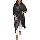 MYPOWR Silky Loose V-Neck Top, Summer Sheer 3/4 Sleeve Solid Color Blouse with Pocket, Beach Blouse Cover up (Black,3XL)