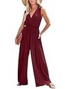 Dokotoo Jumpsuits for Ladies Dressy Sleevelss One Piece Elegant Long Pants V Neck Smocked Waist Outfits for Summer Plus Size,Burgundy XX-Large