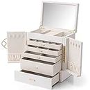 Vlando Jewellery Box Organizer, 6-Layer Large Faux Leather Jewellery Box,Mirror Jewellery Boxes Home Storge Bedroom Decor White