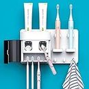 Toothbrush Holders Wall Mounted, DENSAIL Double Automatic Toothpaste Dispenser with Dust-Proof Cover and 2 Toothpaste Squeezer, 2 Electric Toothbrush Holders and 4 Toothbrush Organizer Slots