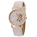Bracelets Bangle, Women Arabic Number Rose Flower Round Dial Faux Leather Band Quartz Wrist Watch - White