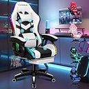 ELFORDSON Gaming Chair with 8-Point Massage and LED Ligtht, Computer Office Chair with Lumbar Cushion Footrest Tall Back 150° Reclining, Adults and Kids, White and Black