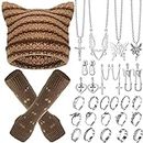 Sureio 25 Pcs Y2K Grunge Knitted Cat Beanie with Fairy Grunge Ripped Gloves Earrings Necklace Rings Devil Horn Grunge Accessories(Brown)