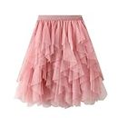 JISDFKFL Dresses for Women UK Sale Clearance - Spring Summer Solid Color Ladies Casual Versatile Short Skirt Mesh Skirt Irregular Skirt Multilayer Fashion Novelty Flowy Elegant Half-Body Skirt Pink