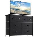 REAHOME Dresser TV Stand for Bedroom with 8 Fabric Drawers, Black Long Dresser Chest of Drawers Large Capacity Steel Frame Wooden Top Living Room Entryway Office (Black Gray) YLZ8B5