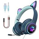 DRAGON SLAY LED 3.5mm Wired Cat Ear Headphones Chat Gaming Headset for Adults and Teens, Adjustable Padded Headband, Detachable Microphone, Noise Cancelling and RGB Light (Dark Blue)