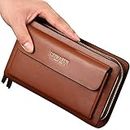 Cyber Deal Monday Deals Mens Large Long Leather Clutch Hand Bag Wallet Purse Travel Passport Business Cell Phone Holster Credit Card Holder Case for Dad Husband