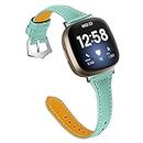 Compatible with Fitbit Versa 4 / Versa 3 / Sense 2 / Sense Leather Band Women Girls, Soft Slim Genuine Leather Wristband with Metal Adapter Replacement Bracelet Strap for Versa 4 & Sense 2 Smartwatch (Teal)