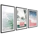 Poster estivo in più parti Wall Art | Stampe murali Pink Surf California VW Car Modern Posters | 3x 30x40cm| soggiorno camera da letto galleria poster | senza cornice