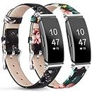 Tobfit Leather Bands Compatible with Fitbit Inspire HR & Fitbit Inspire & Fitbit Ace 2 Fitness Tracker, Soft Classic Top Grain Leather Replacement Strap for Women Men (2 Pack(Floral Red+Floral Gray))