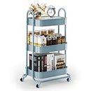 EAGMAK 3 Tier Metal Rolling Cart, Oval Utility Cart with Lockable Wheels, Multifunctional Storage Cart Organizer Trolley with Mesh Shelves for Living Room, Kitchen, Bedroom, Office (Blue)
