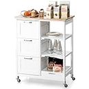 GOFLAME Kitchen Island Cart on Wheels with Storage, Versatile Rolling Cart with Wood Countertop, 3 Drawers, Removable Tray & Lockable Casters, Mobile Serving Trolley for Kitchen, Dining Room, White