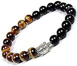 BLESSING CRYSTAL Tiger Eye & Black Tourmaline Combination With Turtle Charm, Money Attraction Bracelet 8MM For Business and Job Pramotion. (Brown, Black)