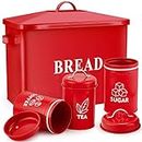 E-far Red Bread Box with Canister Sets for Kitchen Countertop, Metal Bread Bin Storage Container Holder for Modern Farmhouse Decor, Vintage Style & Extra Large - Holds 2+ Loaves Sugar Coffee Tea