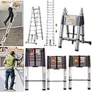 8.5ft/2.6M Telescopic Ladder Multi-Purpose Extension Loft Ladder Stainless Steel Extendable Portable Folding 9 Step Ladder with Spring Loaded Locking Mechanism, Max Load 150kg/330lb