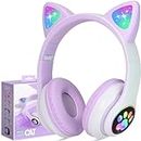 Daemon Headphones, Bluetooth Wireless Headphones for Kids Teens Adults, Over-Ear Bluetooth Headphones with Microphone, Cat Ear Headphones for Girls Women (Purple)