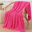 Puncuntex Flannel Fleece Throw Blanket Hot Pink 50"×60",Super Soft Plush Cozy Blanket with 3D Jacquard Square Grid Design Luxury for Couch Sofa Chair