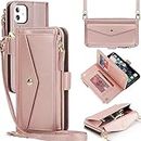 Zouzt iPhone 11 Wallet Case Women with Credit Card Holder Slot Crossbody & Zipper, Premium PU Leather Purse Style Flip Shockproof Bumper Phone Cover for iPhone 11 6.1 Inch (Pink)