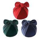 3PCS Baby Bowknot Turban Hats Newborn Infant Girls Boys Knot Beanie Cap Solid Color Cotton Toddler Headwrap for 0-2 Years (Red+Dark Green+Navy Blue)