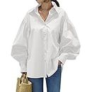 Femmes Casual Lantern Sleeve Lapel Shirt Summer Button Down Shirts Lantern Long Sleeve Blouse Tops Fall (Blanc,S)