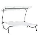 Outsunny Double Chaise Outdoor Lounge Bed with Canopy and Headrest Pillow, Portable Patio Sunbed Hammock Lounger, Cream White
