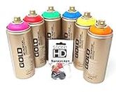 Montana Gold Spray Cans Set, 6 Neon Colours + 10 Replacement Spray Heads - 6 x 400 ml