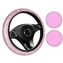 Pink Steering Wheel Covers for Car, Stretchy Bling Steering Wheel Cover for Women & Girls & Men, Universal 15 Inches Girls Car Accessories with 2 Pack Car Coasters for Cup Holders