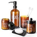 Cnsndqedke Bathroom Accessories Set - Complete 5 Pcs with Amber Glass Soap Dispenser, Soap and Toothbrush Holder, Qtip and Cotton Ball Holder - Farmhouse Boho Bathroom Decor