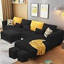 Casaliving Minta RHS 8 Seater L Shape Sofa Set with Ottoman & 2 Puffy for Living Room (Black Fabric)