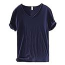 MYPOWR Premium Cotton Shirt, Men's Classic Fit Cotton V-Neck Shirts, Basic Short Sleeve Tops for Men (Deep Blue,XL)