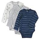 HonestBaby Baby 3-Pack Organic Cotton Long Sleeve Side-snap Kimono Bodysuits, Dotted Stripe Navy Blue, Newborn