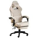 NIONIK Gaming Chair with Footrest and Massage Lumbar Support, Ergonomic Computer Gamer Chair, Office Video Game Chairs with Adjustable Height and Backrest(Beige)