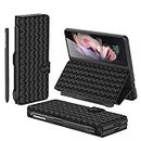 for Samsung Galaxy Z Fold 3 5G Case Woven Texture Leather Hybrid PC Phone Case Built-in Card Slot All-Inclusive Shockproof Protective Cover with Detachable S-Pen Pocket (Black)