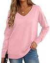 GRECERELLE Women's V-Neck Long Sleeve Side Split Loose Casual Knit Pullover Sweater Blouse, 14 Pink, Large
