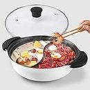 Kerykwan Food Grade Stainless Steel Aluminum Alloy Shabu Shabu Hot Pot with Divider&Lid for Induction Cooktop Gas Stove Dual Sided Soup Cookware (10.7", White)