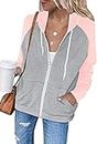 INFITTY Women's Casual Color Block Long Sleeve Zip Up Hooded Sweatshirt Lightweight Hoodies Jacket with Pocket, Pink, Small