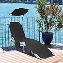 Costway Outdoor Folding Chaise Lounge, Portable Reclining Chair w/ 5 Back Adjustable Positions, 360° Rotatable Canopy Shade & Side Storage Pocket, Camping Recliner for Poolside& Sunbathing (Black)