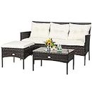 Tangkula 3 Pieces Patio Conversation Set, Outdoor PE Rattan Wicker Furniture Set W/Cozy Cushions, All Weather Sectional Sofa Set W/Tempered Glass Coffee Table for Poolside, Backyard, Garden