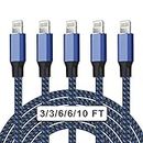 WACAUR [Apple MFi Certified] 5Pack(3/3/6/6/10ft)Nylon Braided iPhone Charger Lightning Cable Fast Charging&Syncing Long Cord Compatible iPhone 12/11Pro Max/11Pro/11/XS/Max/XR/X/8/8P/7 More-Black&Blue