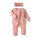 Newborn Infant Girl Footies Romper Solid Color Frills Baby Jumpsuit Zip Up Onesie Clothes Headband 0-12M (Pink, 0-3 Months)