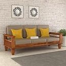 DREAM LOOK FURNITURE Solid Sheesham Wood 3 Seater Sofa Set for Home Living Room Bedroom Office | Wooden Furniture 3 Seater Sofa Set Without Pillow Cream Cushions | Honey,3-Person Sofa Sets